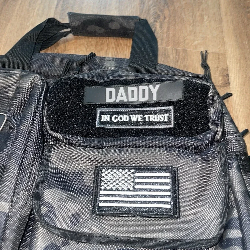 Tactical Baby Gear TBG Deuce 2.0 Diaper Bag Black Camo Patches With Changing Pad